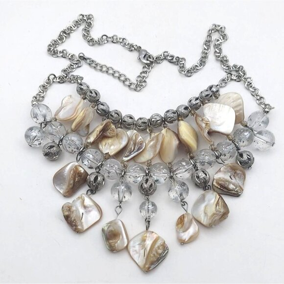 Structured Mother Of Pearl Shell Beaded Silvertone Adjustable Statement Necklace - Picture 5 of 6